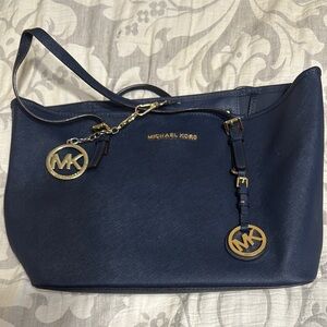 Michael Kors Blue Leather Tote with Gold Accents